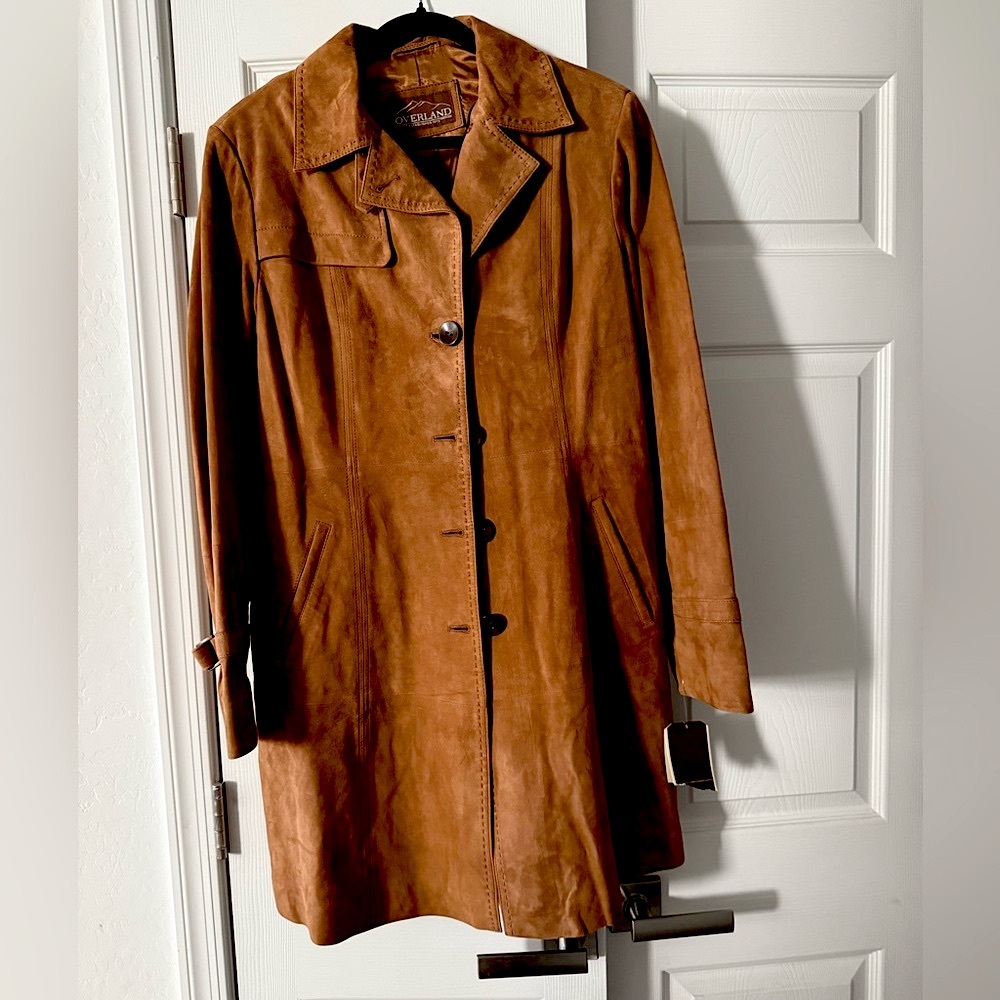 OVERLAND Women’s Tan 100% Lamb Leather Suede Long Button Down Coat Size L